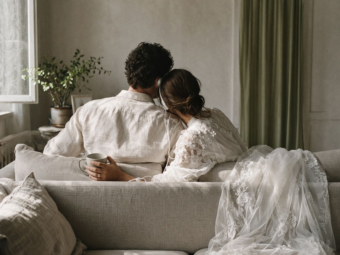A newly married couple on a sofa, seen from behind, sharing one pair of headphones