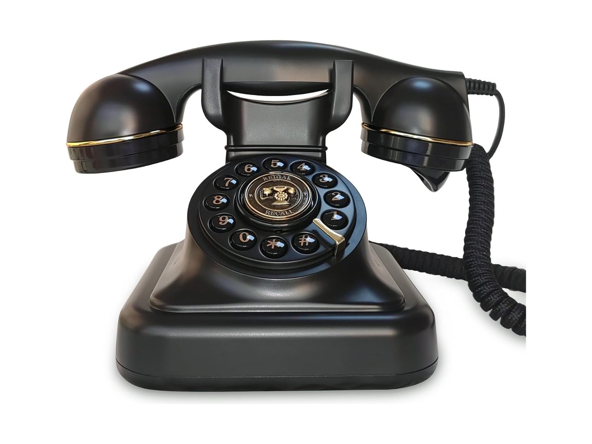 The Event Phone: a black vintage-style rotary-look guestbook phone with a coiled cord, photographed on white