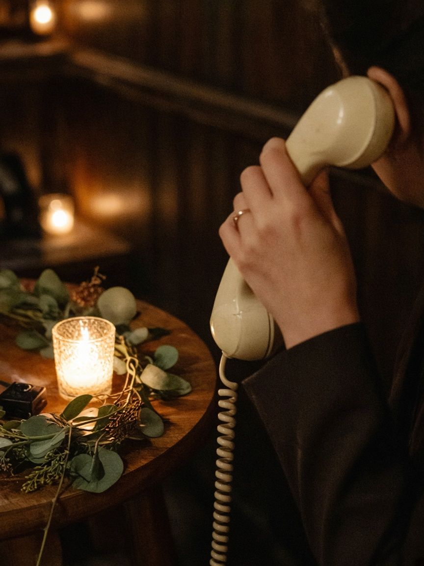 A guest holds the handset of the guestbook phone to her ear by candlelight