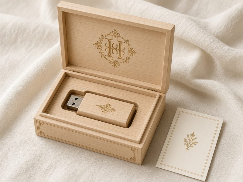 An engraved maple keepsake box with a wooden USB drive