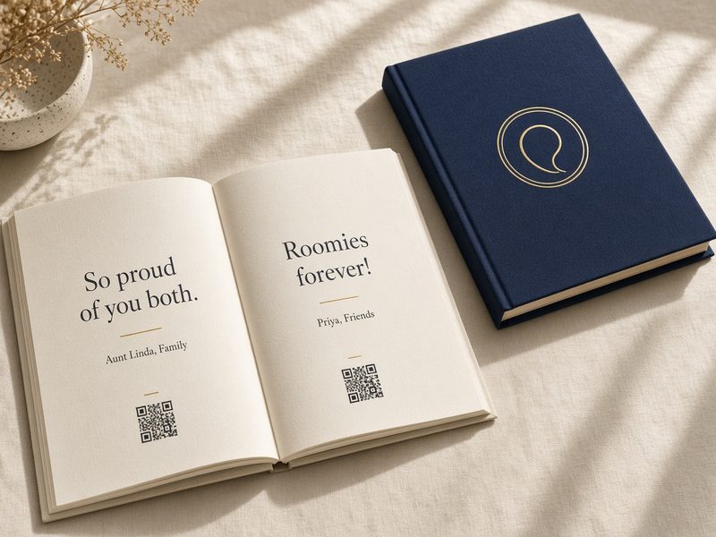 An open hardcover book with guest quotes and QR codes beside its navy cover
