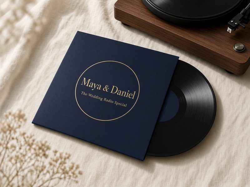 A navy record jacket with the couple’s names and a black record half pulled out