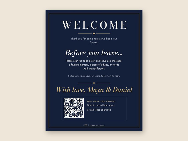 A navy acrylic welcome sign at a venue entrance, shown on an easel