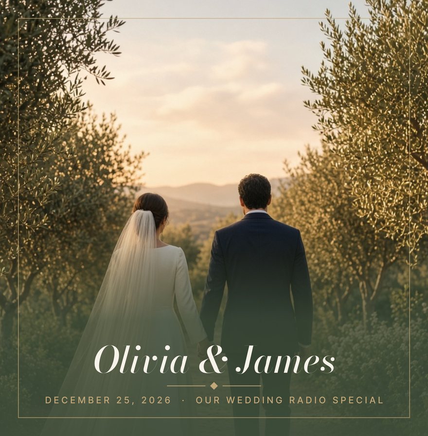 A record jacket made from a couple’s own wedding photo, with their names in sage and champagne