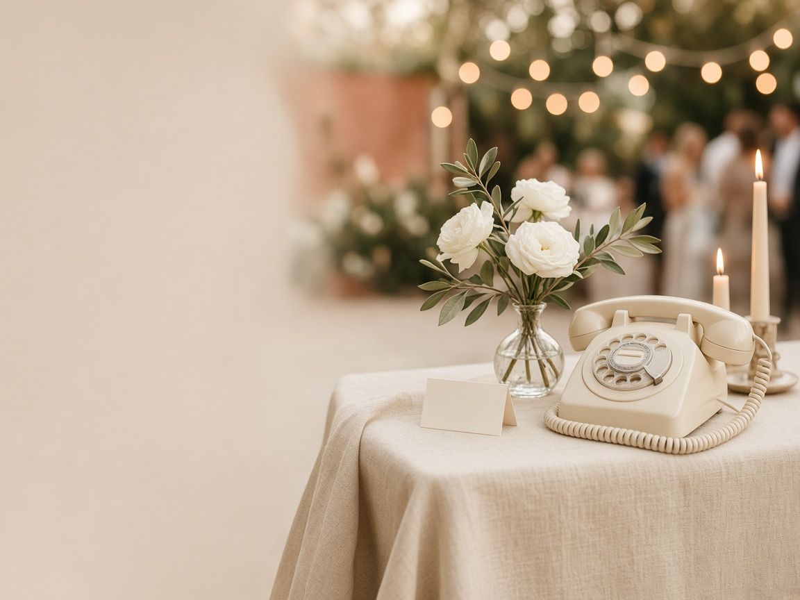 A cream guestbook phone on a linen-covered reception table, beside white roses and lit candles